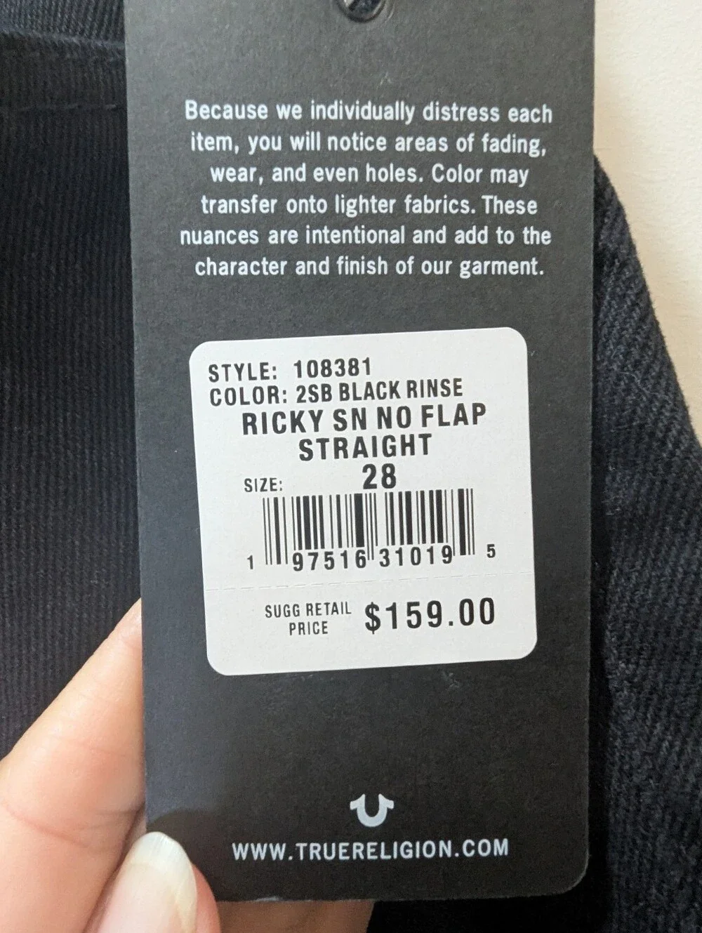 NWT True Religion Ricky Relaxed Straight Leg Black Jeans Men's Size 28 X 34